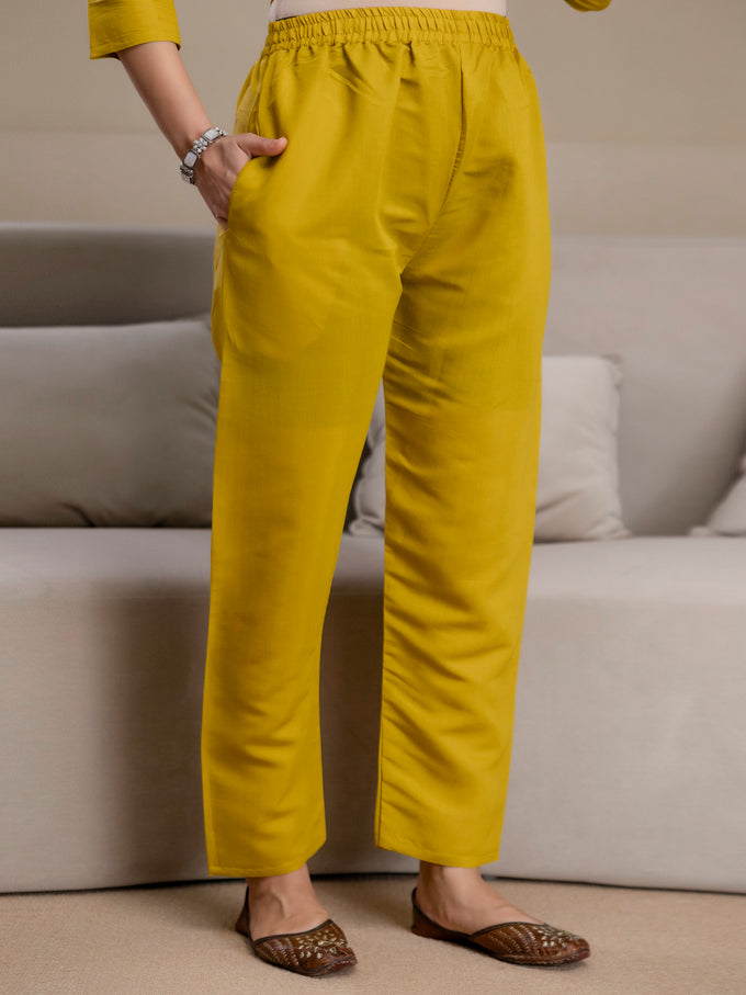 Mustard Chanderi Cotton Embroidery Sequence Work Kurta Pant with Dupatta Set