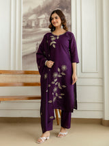 Purple Chanderi Cotton Embroidery Sequence Work Kurta Pant with Dupatta Set