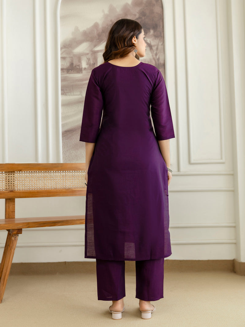 Purple Chanderi Cotton Embroidery Sequence Work Kurta Pant with Dupatta Set