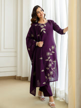 Purple Chanderi Cotton Embroidery Sequence Work Kurta Pant with Dupatta Set