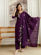 Purple Chanderi Cotton Embroidery Sequence Work Kurta Pant with Dupatta Set