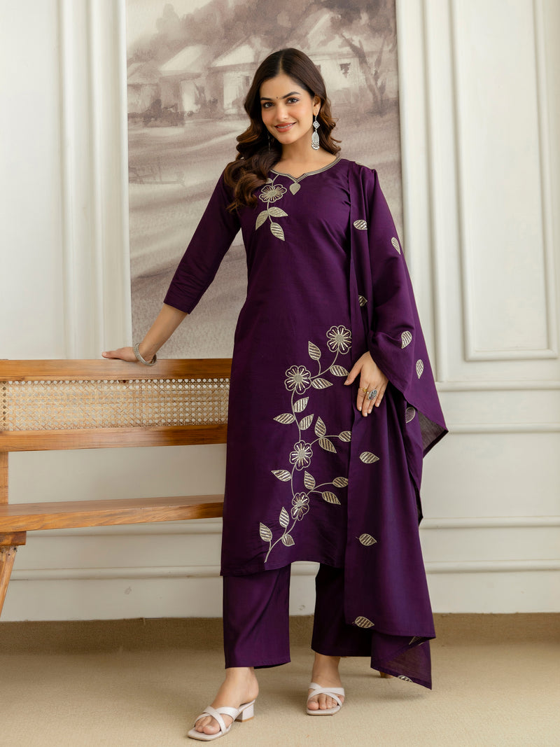 Purple Chanderi Cotton Embroidery Sequence Work Kurta Pant with Dupatta Set
