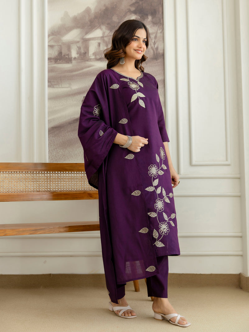Purple Chanderi Cotton Embroidery Sequence Work Kurta Pant with Dupatta Set