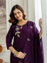 Purple Chanderi Cotton Embroidery Sequence Work Kurta Pant with Dupatta Set