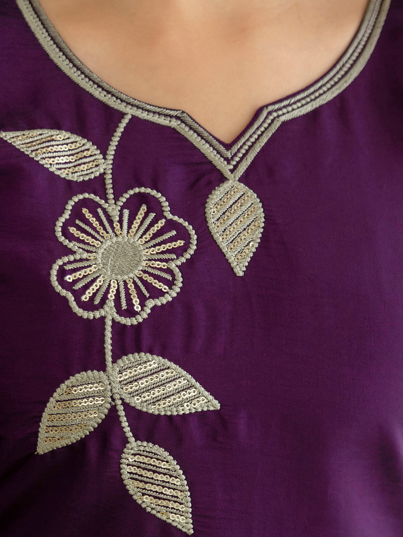 Purple Chanderi Cotton Embroidery Sequence Work Kurta Pant with Dupatta Set