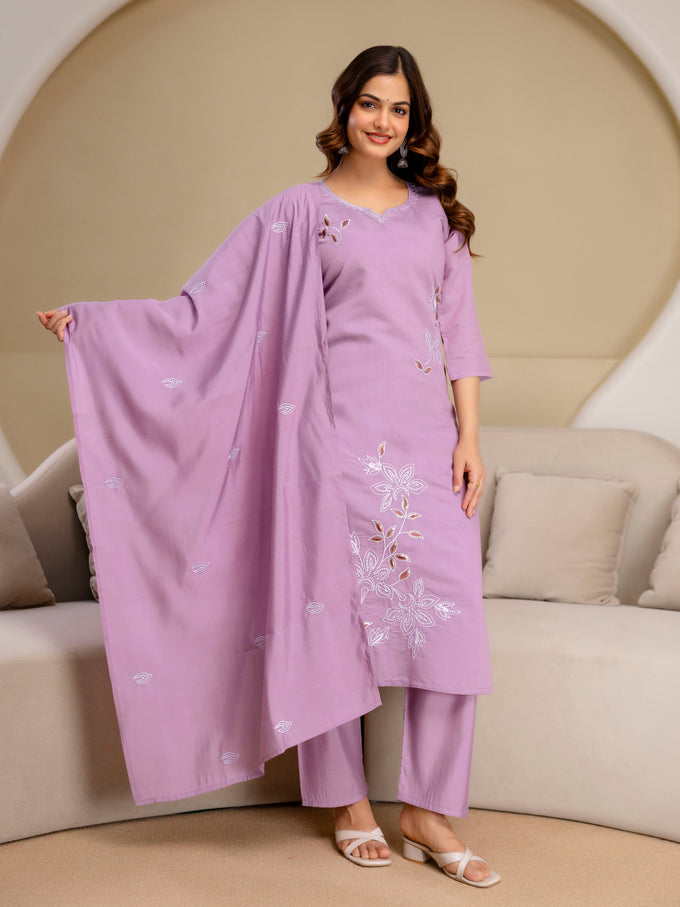 Lightpurple Chanderi Cotton Embroidery Sequence Work Kurta Pant with Dupatta Set