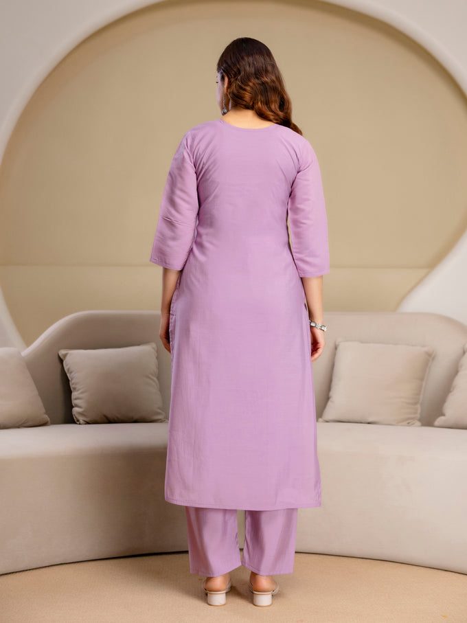 Lightpurple Chanderi Cotton Embroidery Sequence Work Kurta Pant with Dupatta Set