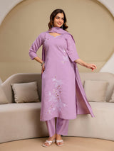 Lightpurple Chanderi Cotton Embroidery Sequence Work Kurta Pant with Dupatta Set