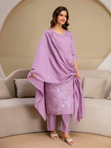 Lightpurple Chanderi Cotton Embroidery Sequence Work Kurta Pant with Dupatta Set