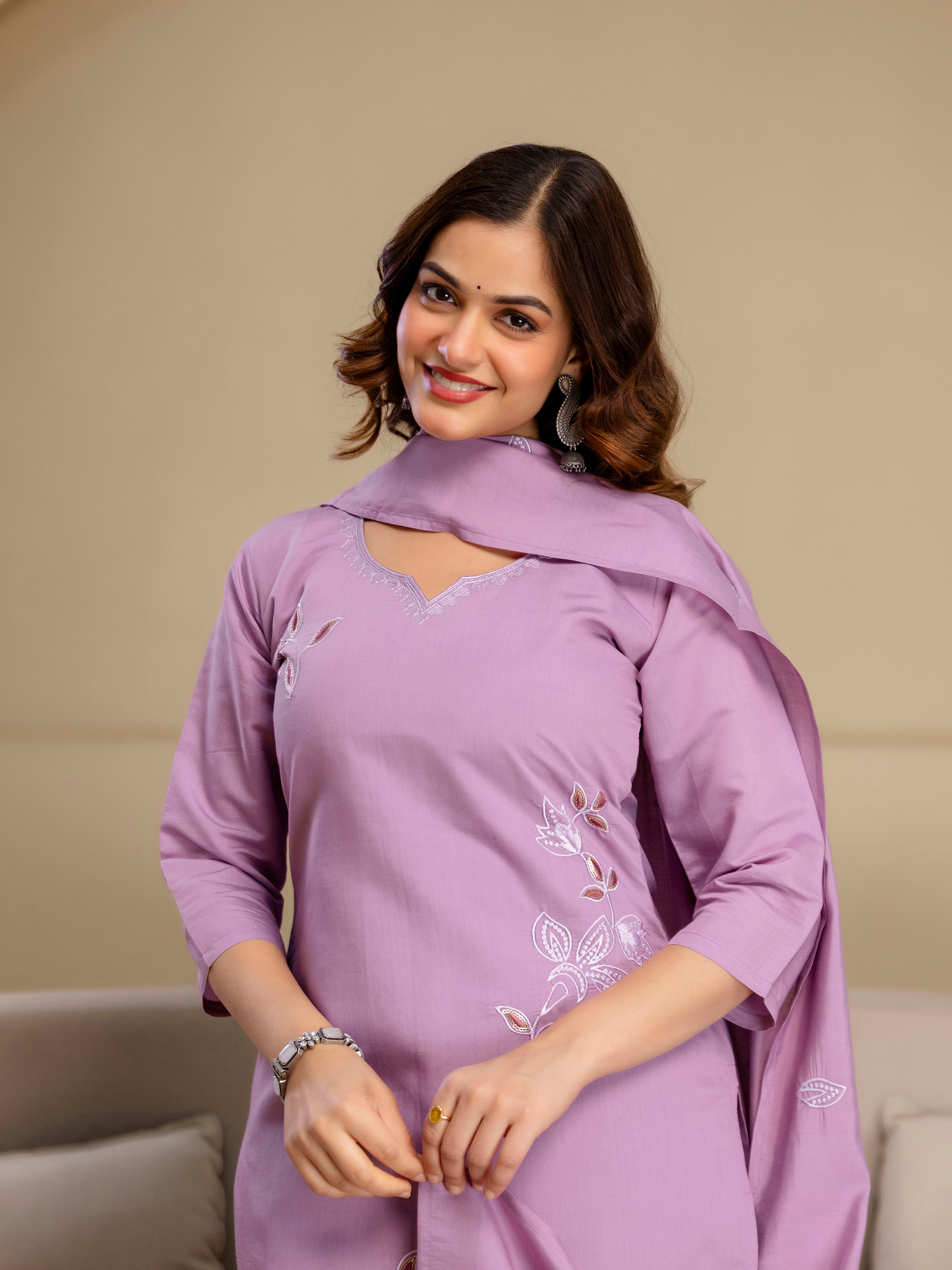 Lightpurple Chanderi Cotton Embroidery Sequence Work Kurta Pant with Dupatta Set