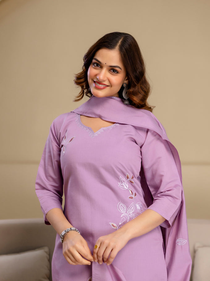 Lightpurple Chanderi Cotton Embroidery Sequence Work Kurta Pant with Dupatta Set