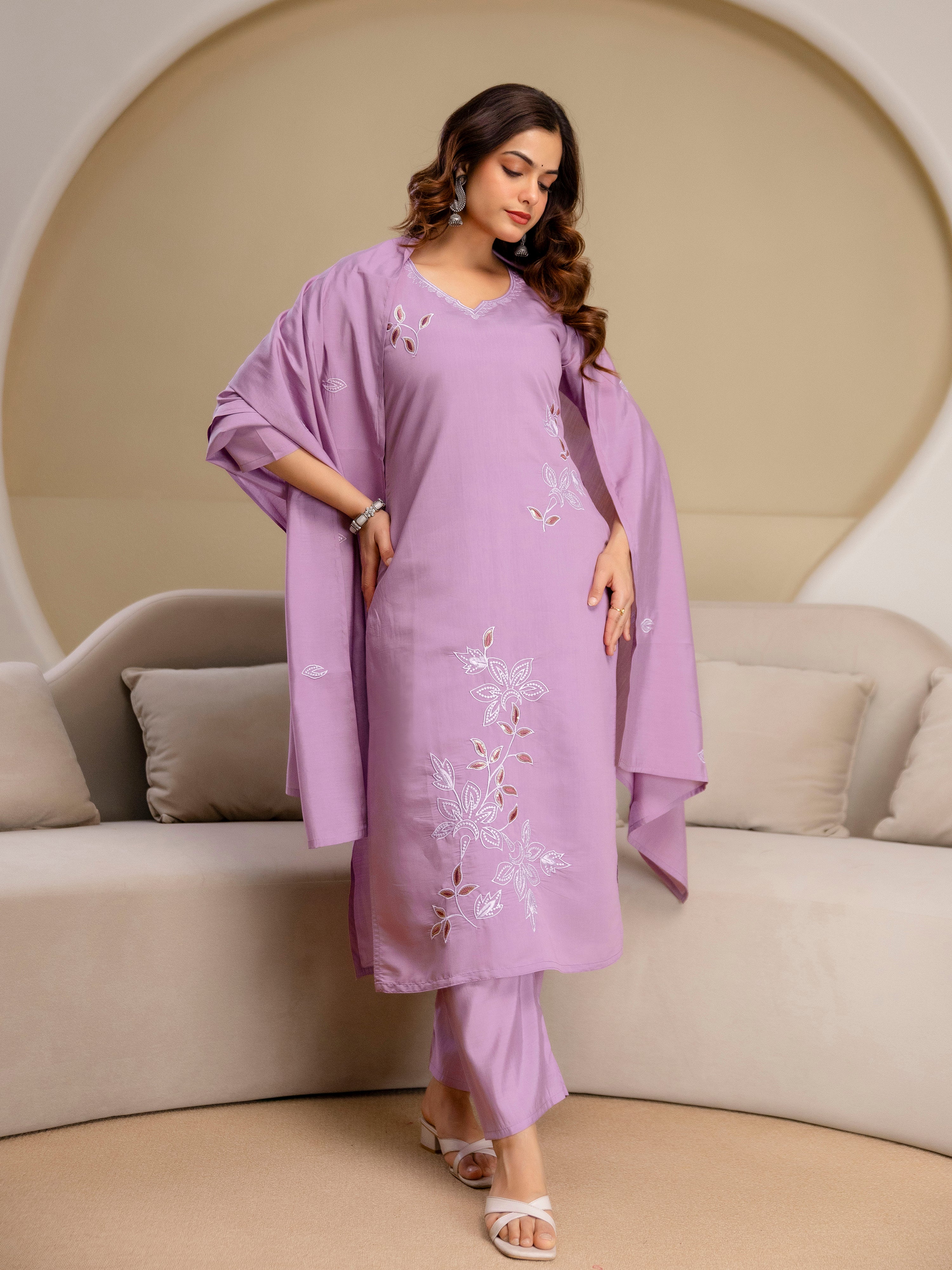 Lightpurple Chanderi Cotton Embroidery Sequence Work Kurta Pant with Dupatta Set
