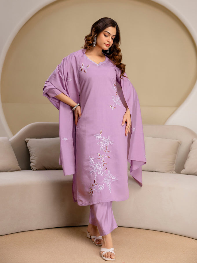 Lightpurple Chanderi Cotton Embroidery Sequence Work Kurta Pant with Dupatta Set