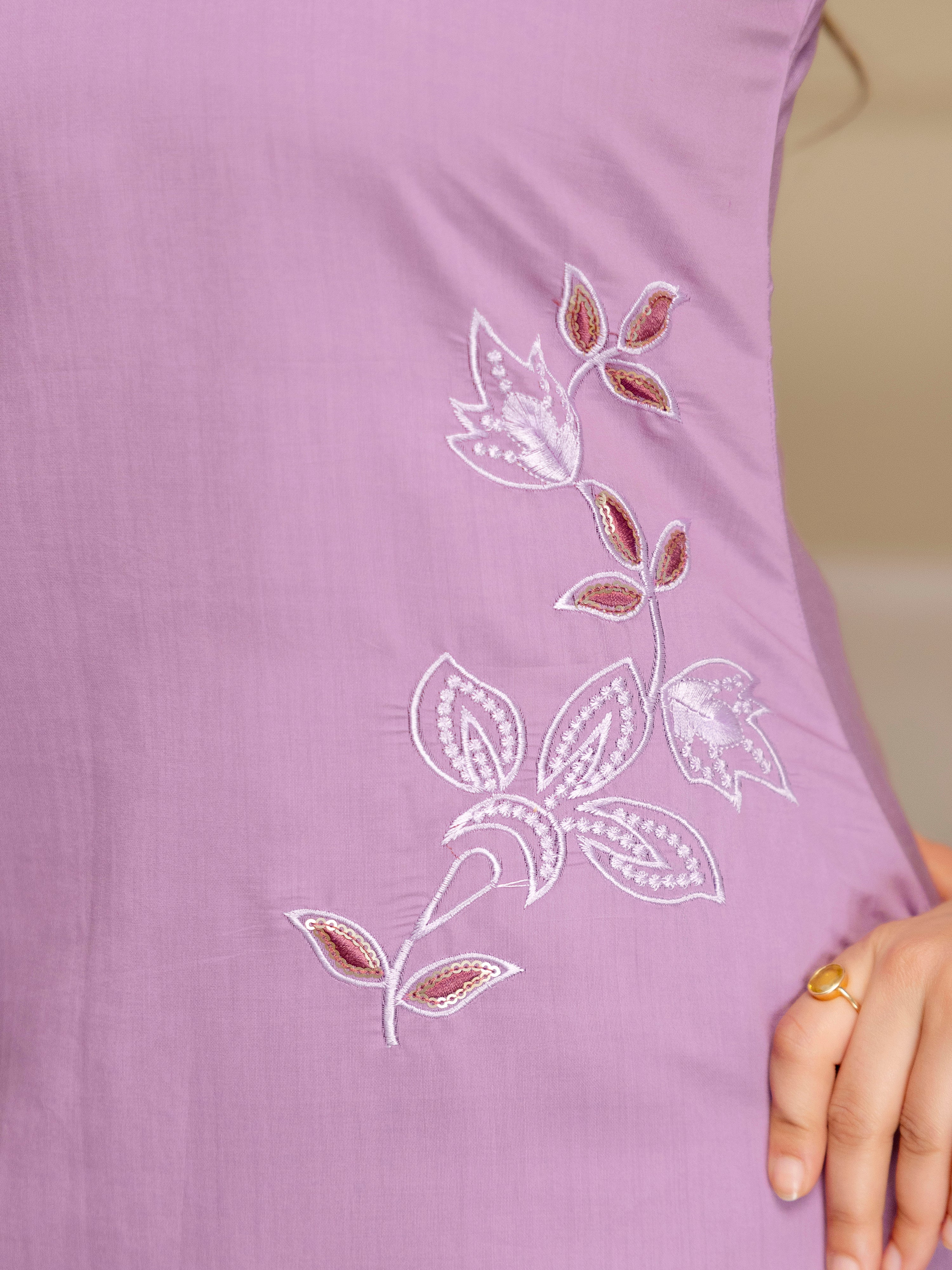 Lightpurple Chanderi Cotton Embroidery Sequence Work Kurta Pant with Dupatta Set