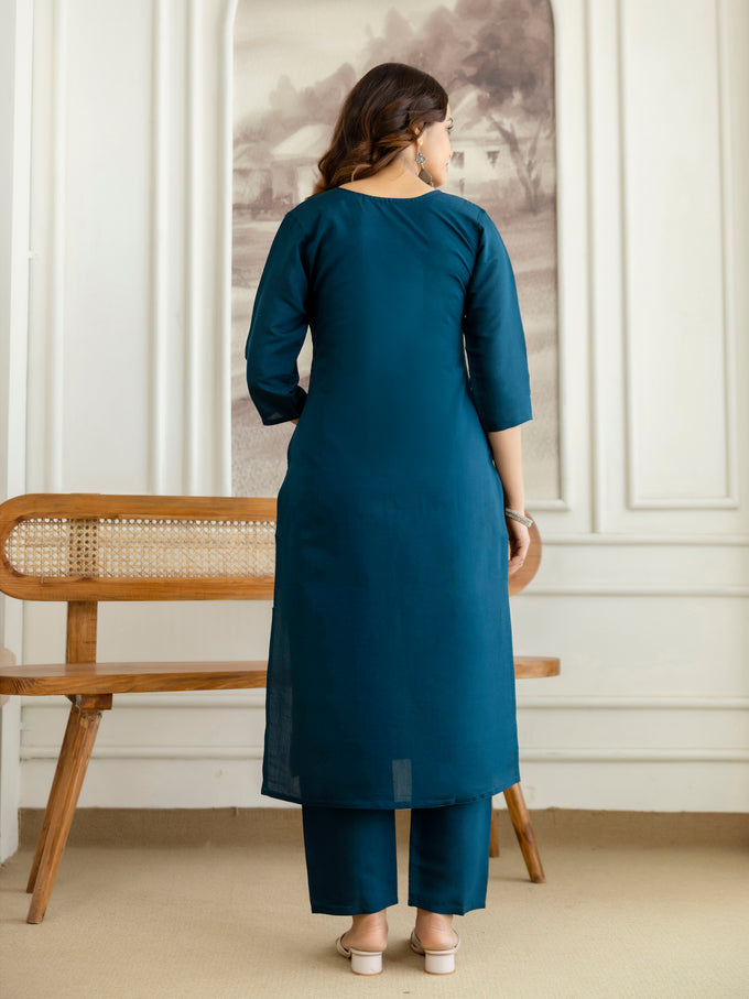 Morpeach Chanderi Cotton Embroidery Sequence Work Kurta Pant with Dupatta Set