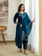 Morpeach Chanderi Cotton Embroidery Sequence Work Kurta Pant with Dupatta Set