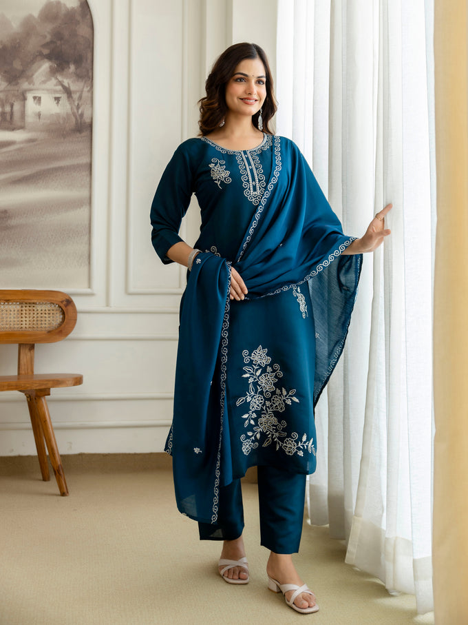 Morpeach Chanderi Cotton Embroidery Sequence Work Kurta Pant with Dupatta Set