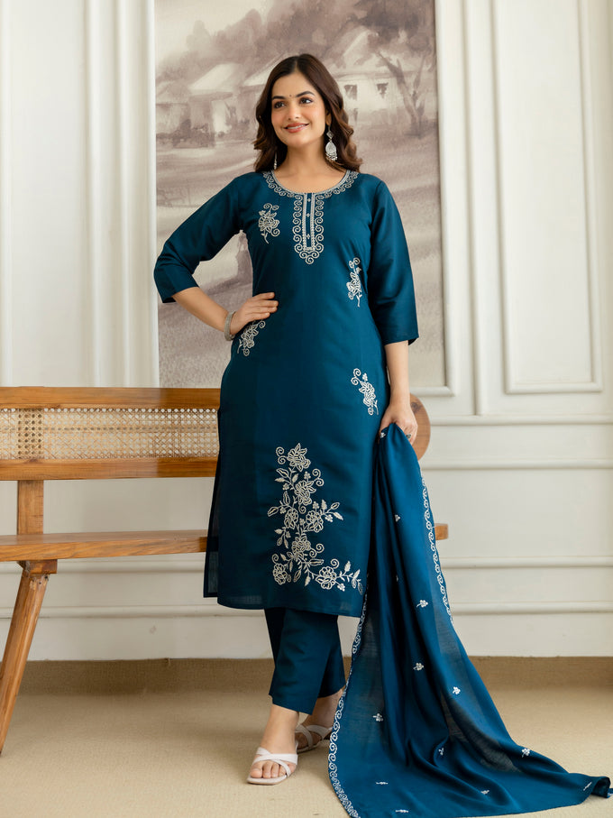 Morpeach Chanderi Cotton Embroidery Sequence Work Kurta Pant with Dupatta Set