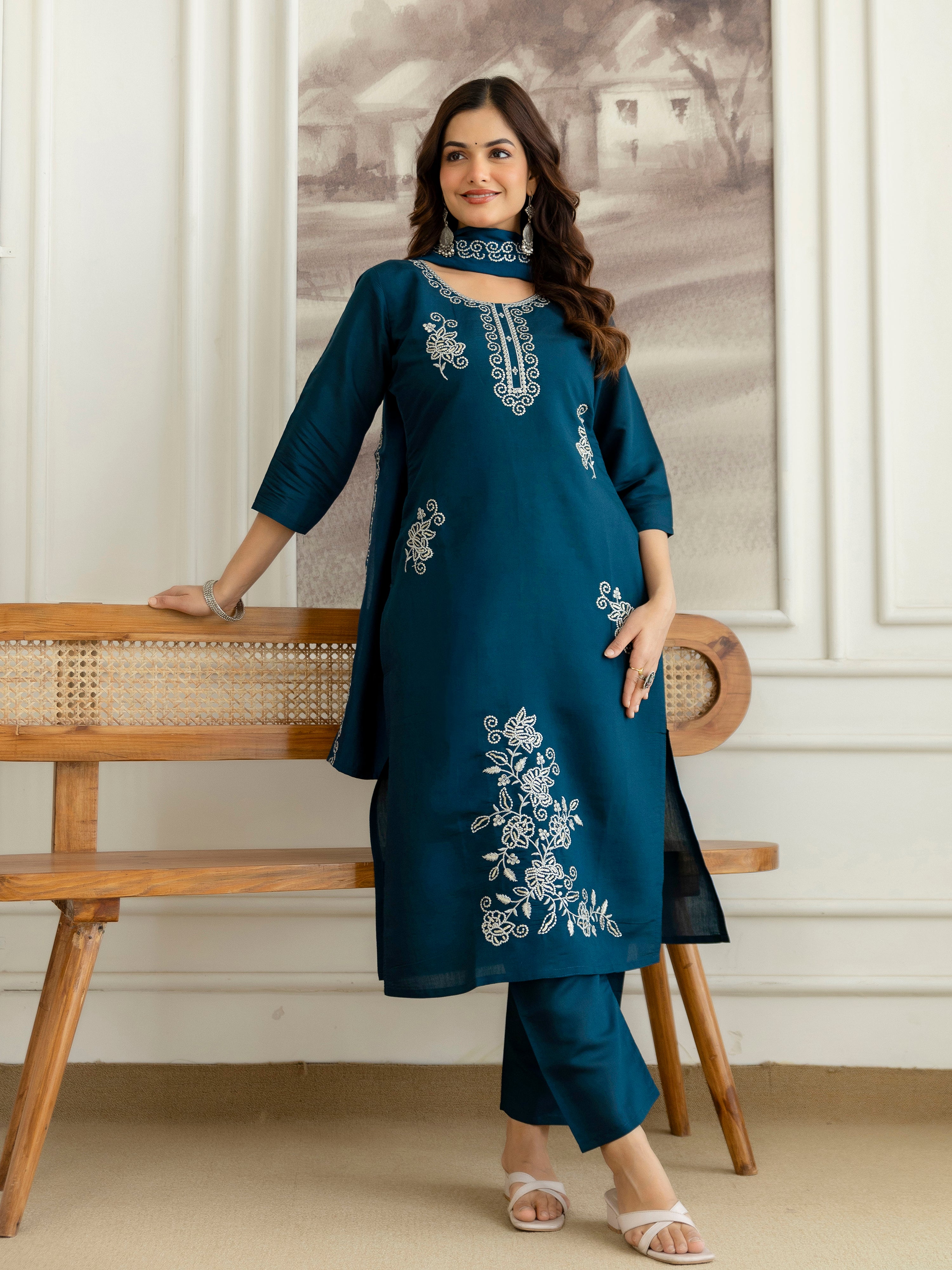 Morpeach Chanderi Cotton Embroidery Sequence Work Kurta Pant with Dupatta Set