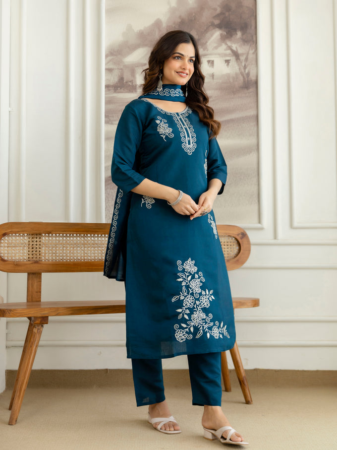 Morpeach Chanderi Cotton Embroidery Sequence Work Kurta Pant with Dupatta Set