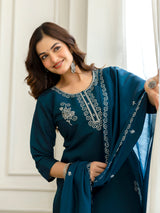 Morpeach Chanderi Cotton Embroidery Sequence Work Kurta Pant with Dupatta Set