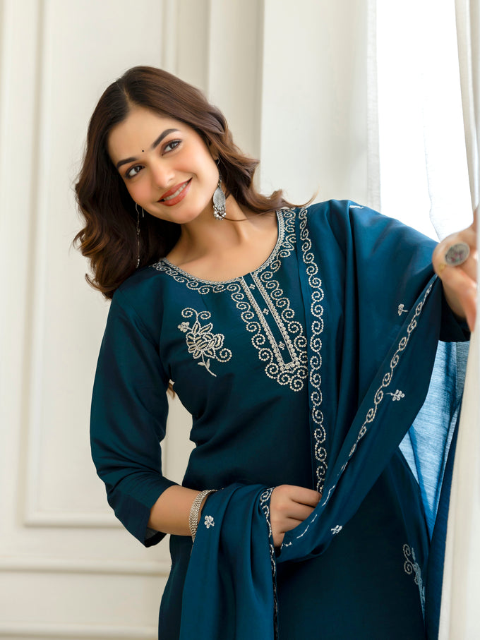 Morpeach Chanderi Cotton Embroidery Sequence Work Kurta Pant with Dupatta Set