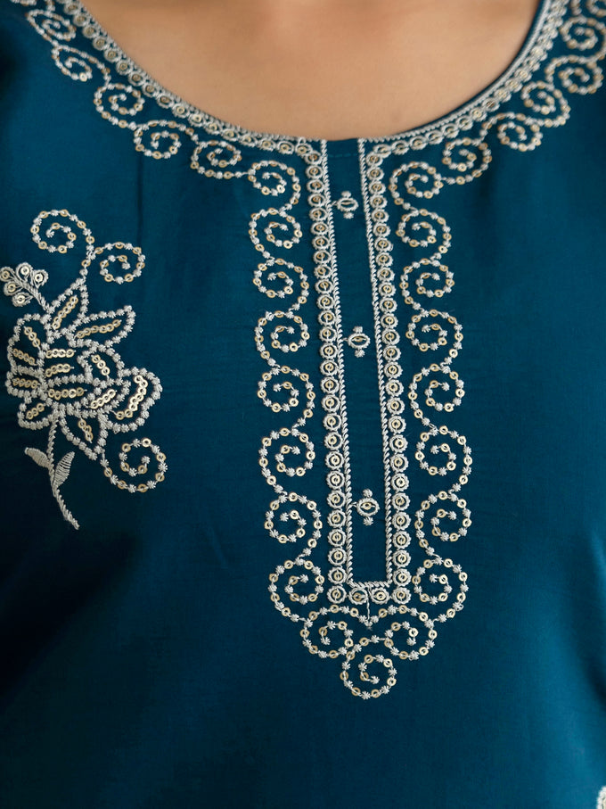 Morpeach Chanderi Cotton Embroidery Sequence Work Kurta Pant with Dupatta Set