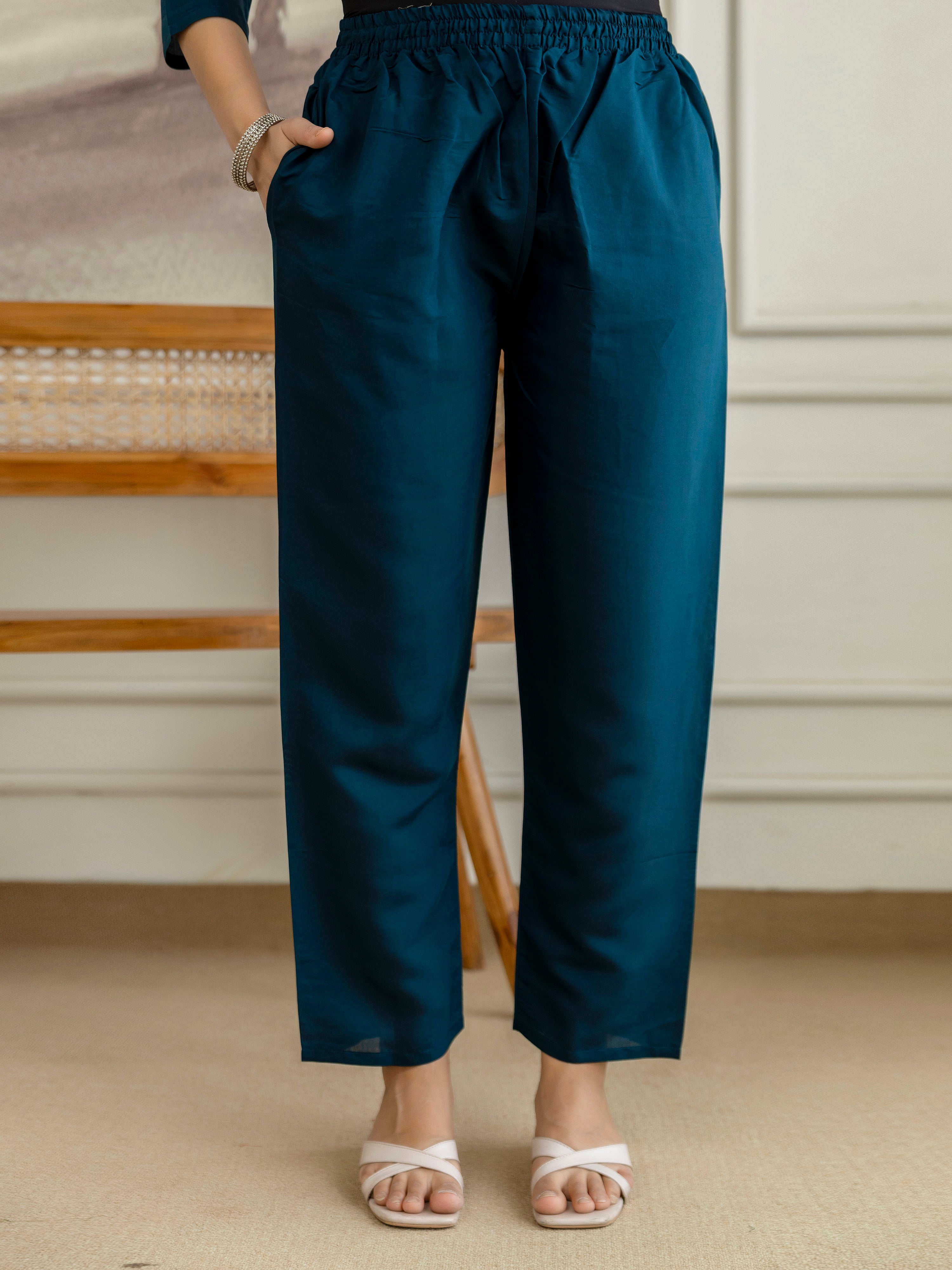 Morpeach Chanderi Cotton Embroidery Sequence Work Kurta Pant with Dupatta Set