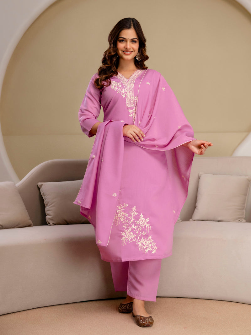 Lightpink Chanderi Cotton Embroidery Work Kurta Pant with Dupatta Set