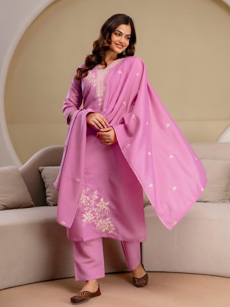 Lightpink Chanderi Cotton Embroidery Work Kurta Pant with Dupatta Set