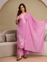 Lightpink Chanderi Cotton Embroidery Work Kurta Pant with Dupatta Set