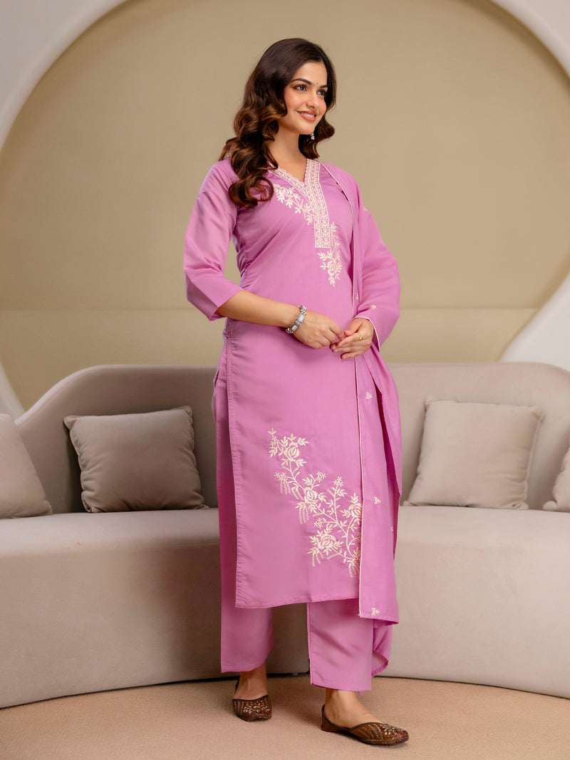 Lightpink Chanderi Cotton Embroidery Work Kurta Pant with Dupatta Set