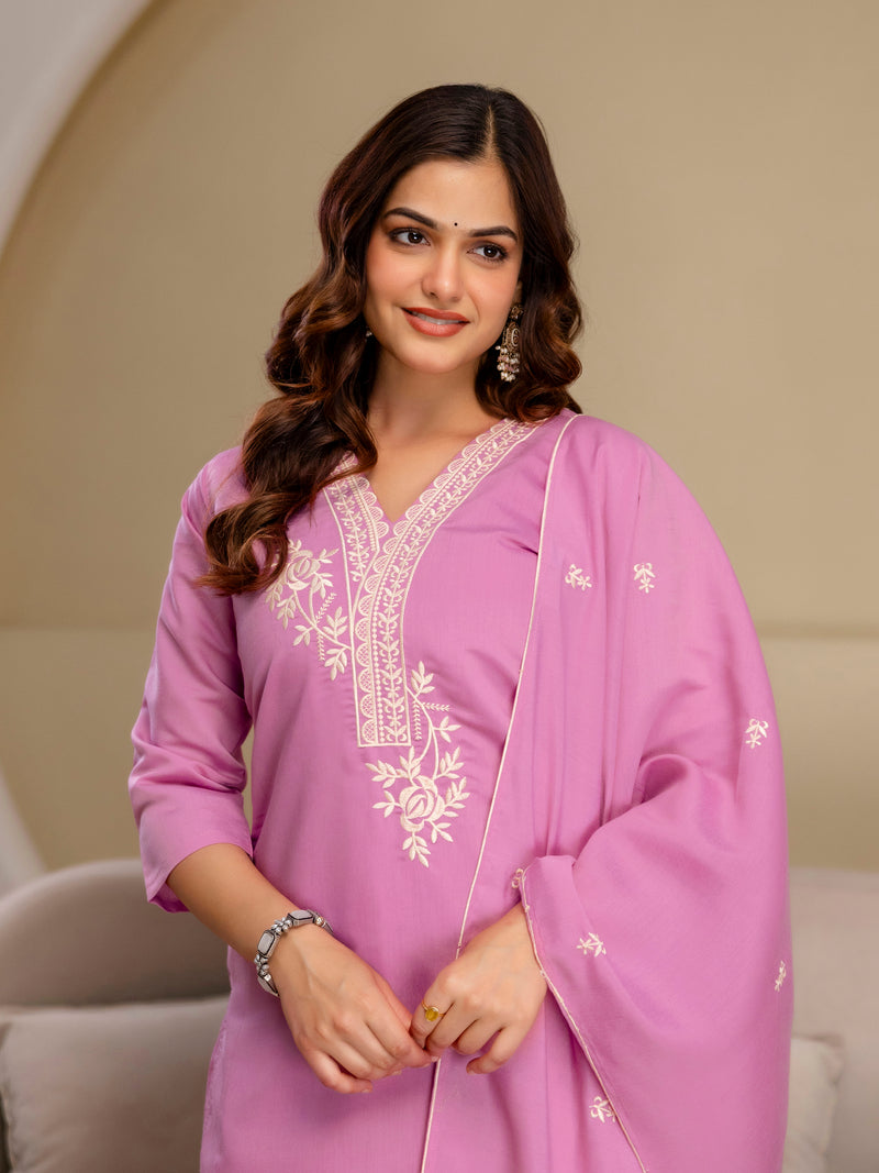 Lightpink Chanderi Cotton Embroidery Work Kurta Pant with Dupatta Set