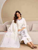White Chanderi Cotton Embroidery Work Kurta Pant with Dupatta Set