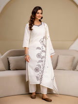 White Chanderi Cotton Embroidery Work Kurta Pant with Dupatta Set