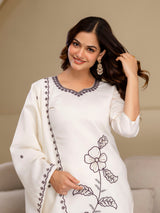 White Chanderi Cotton Embroidery Work Kurta Pant with Dupatta Set