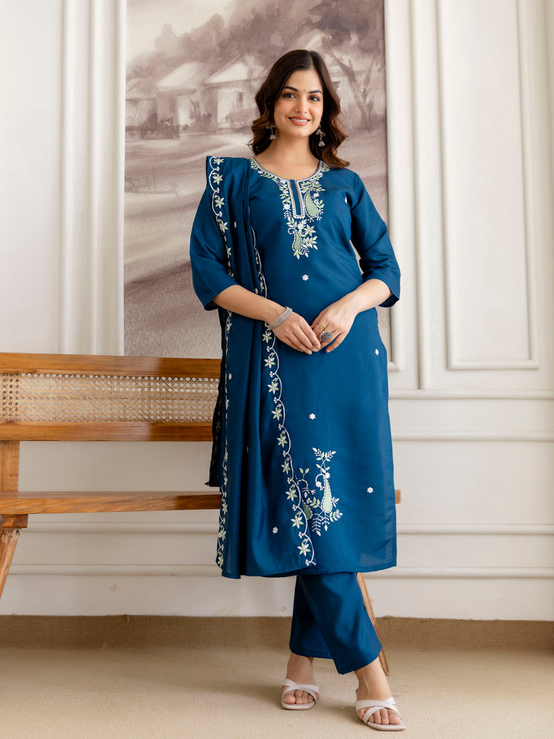 Morpeach Chanderi Cotton Embroidery Sequence Work Kurta Pant with Dupatta Set