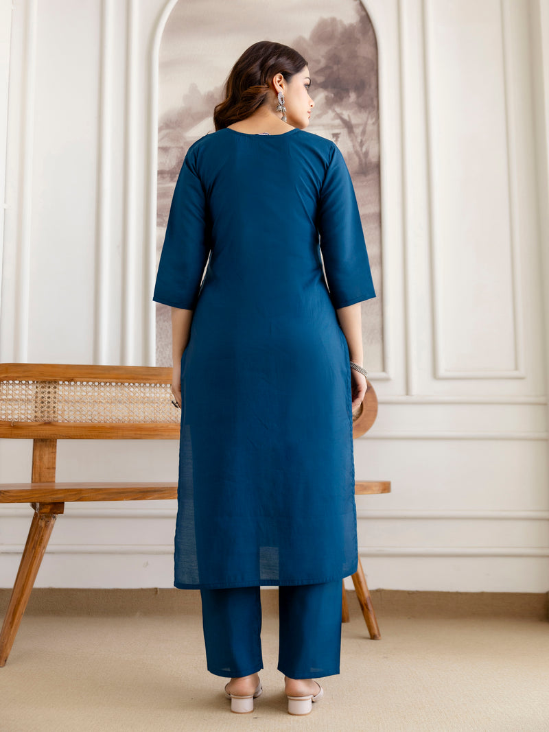 Morpeach Chanderi Cotton Embroidery Sequence Work Kurta Pant with Dupatta Set