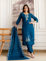 Morpeach Chanderi Cotton Embroidery Sequence Work Kurta Pant with Dupatta Set