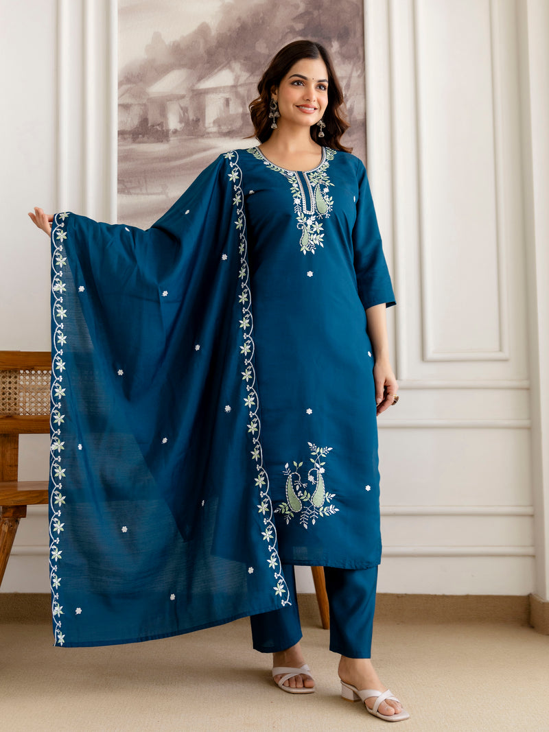 Morpeach Chanderi Cotton Embroidery Sequence Work Kurta Pant with Dupatta Set