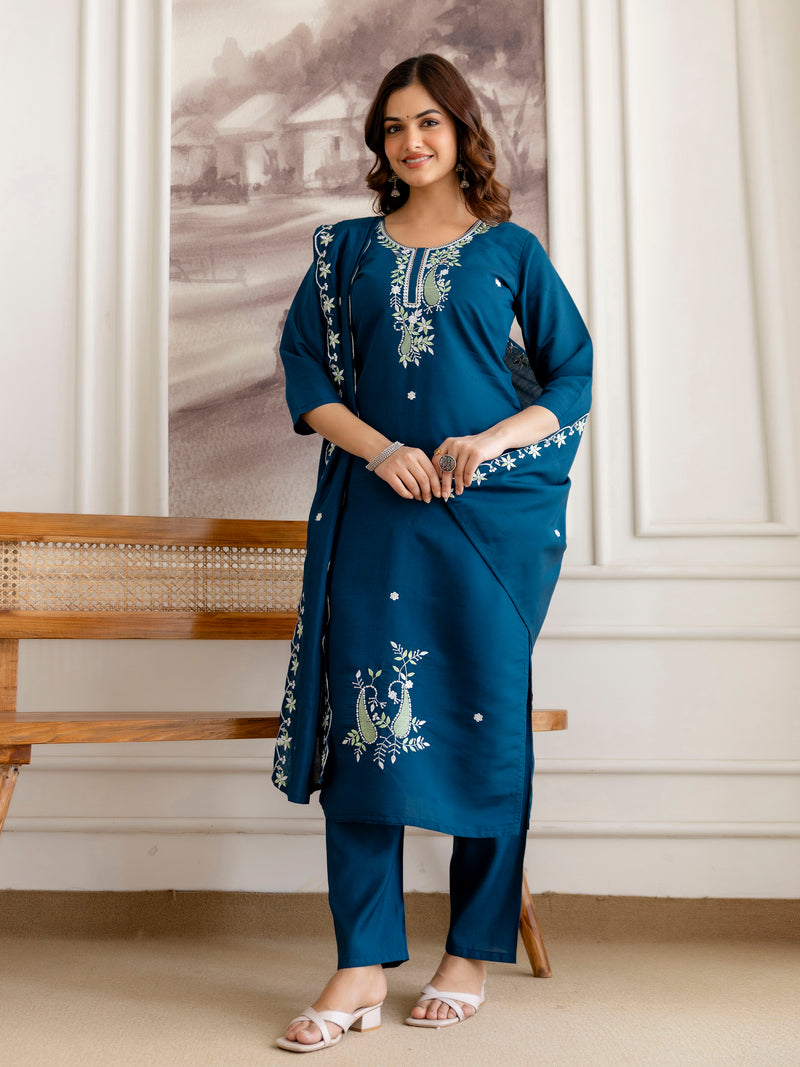 Morpeach Chanderi Cotton Embroidery Sequence Work Kurta Pant with Dupatta Set