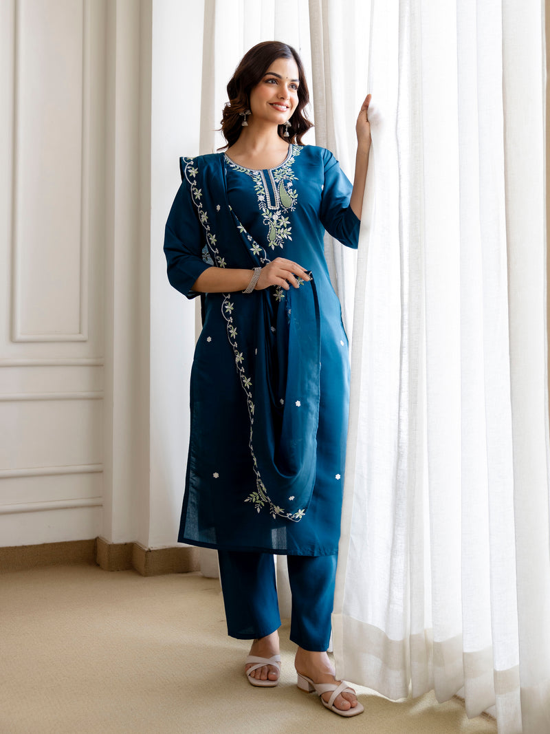 Morpeach Chanderi Cotton Embroidery Sequence Work Kurta Pant with Dupatta Set