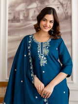 Morpeach Chanderi Cotton Embroidery Sequence Work Kurta Pant with Dupatta Set