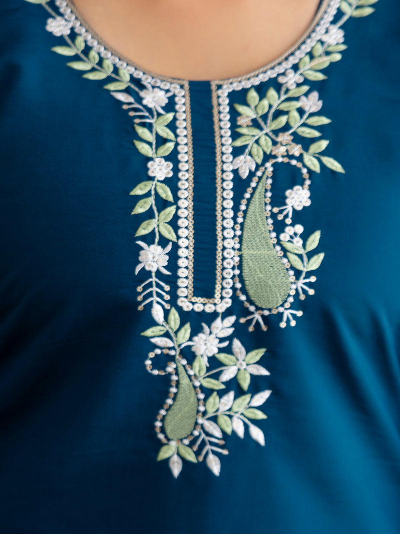 Morpeach Chanderi Cotton Embroidery Sequence Work Kurta Pant with Dupatta Set