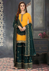 Yellow Georgette Embroidery Salwar Suit Set Kurta Sharara with Dupatta For Women's Trendmallsin