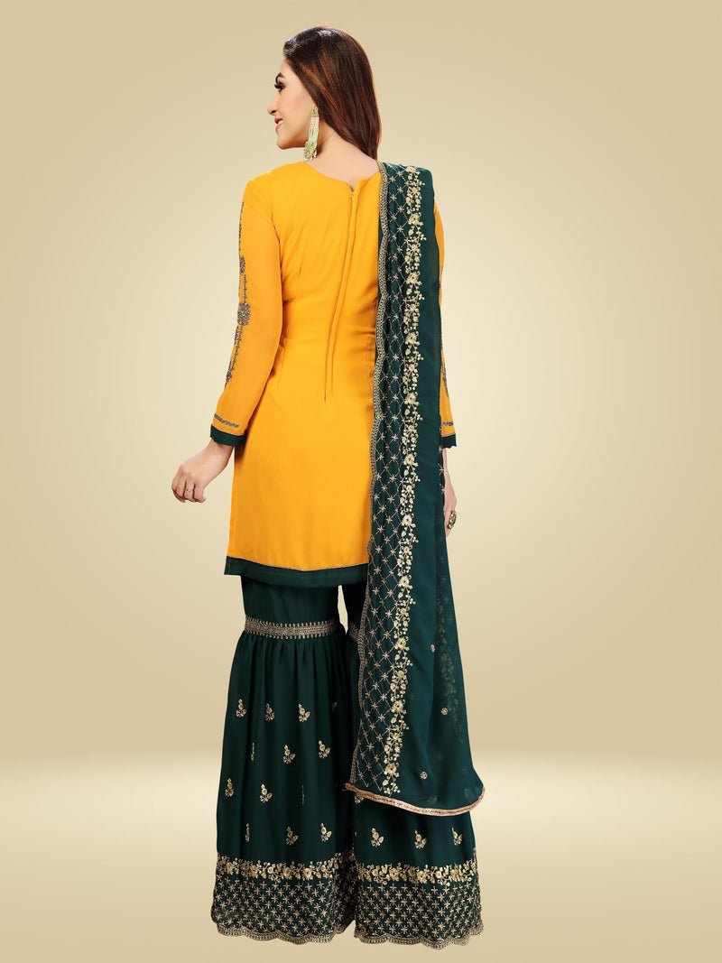 Yellow Georgette Embroidery Salwar Suit Set Kurta Sharara with Dupatta For Women's Trendmallsin