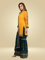 Yellow Georgette Embroidery Salwar Suit Set Kurta Sharara with Dupatta For Women's Trendmallsin