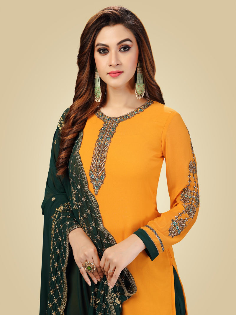 Yellow Georgette Embroidery Salwar Suit Set Kurta Sharara with Dupatta For Women's Trendmallsin
