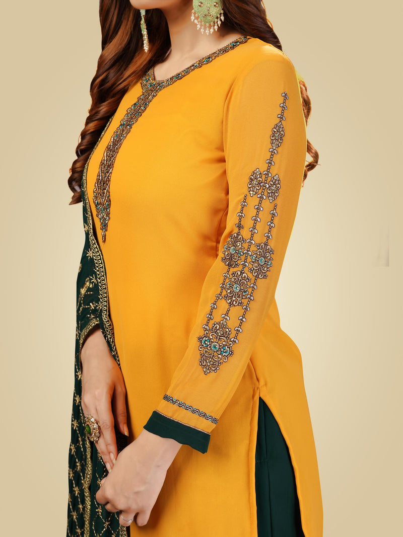 Yellow Georgette Embroidery Salwar Suit Set Kurta Sharara with Dupatta For Women's Trendmallsin