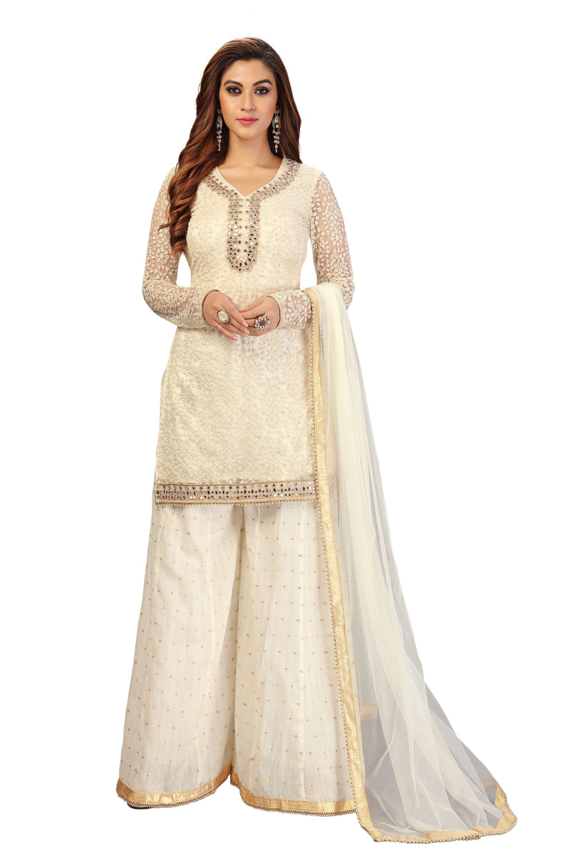White Cotton Embroidery Salwar Suit Set Kurta Sharara with Dupatta Kurta Palazzo Set Stitched Ready To Wear For Women's Trendmallsin